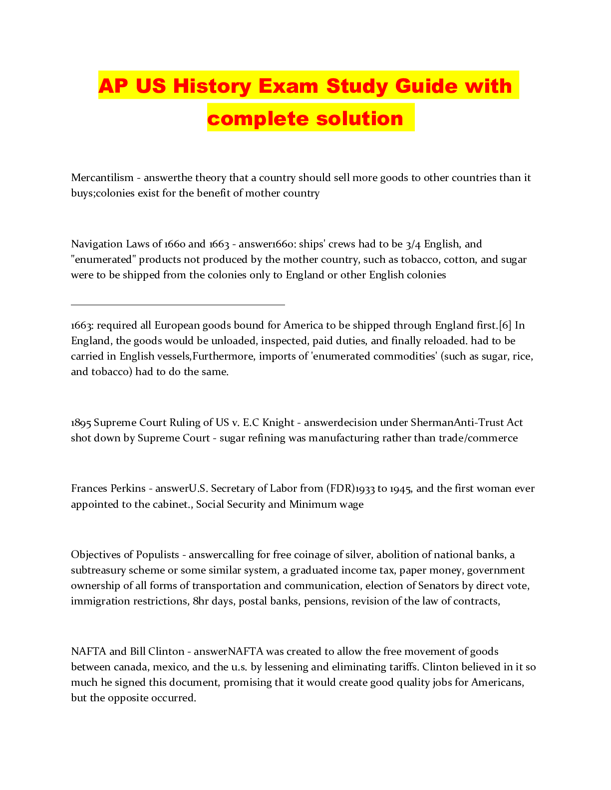 AP US History Exam Study Guide with complete solution Browsegrades